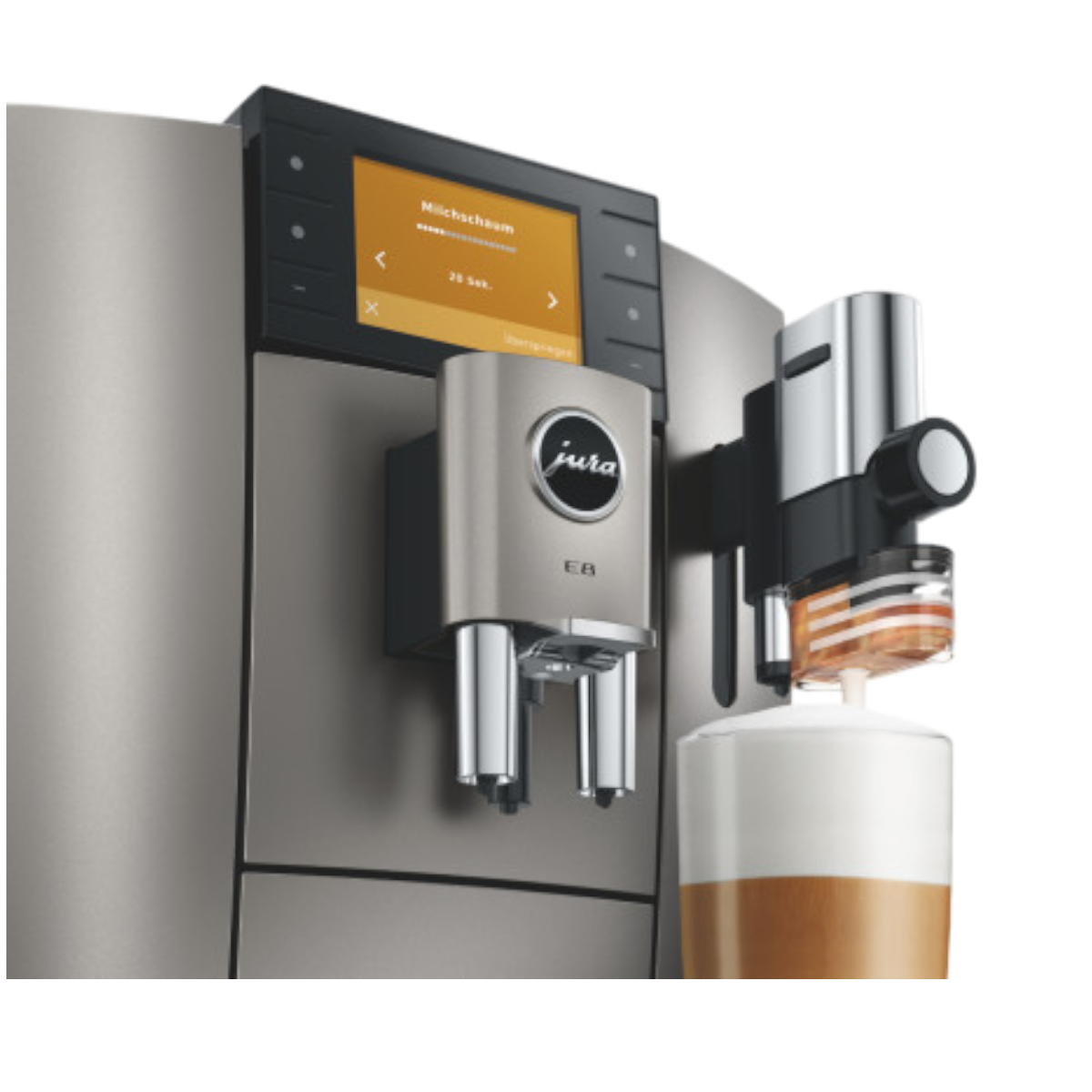 Detailansicht Jura E8 (ED) Midnight Silver mit Betonung auf die Benutzererfahrung.
