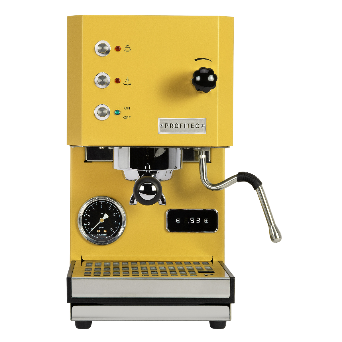 Profitec Go gelb matt Artikelbild. Die Maschine ist von vorne zu sehen.