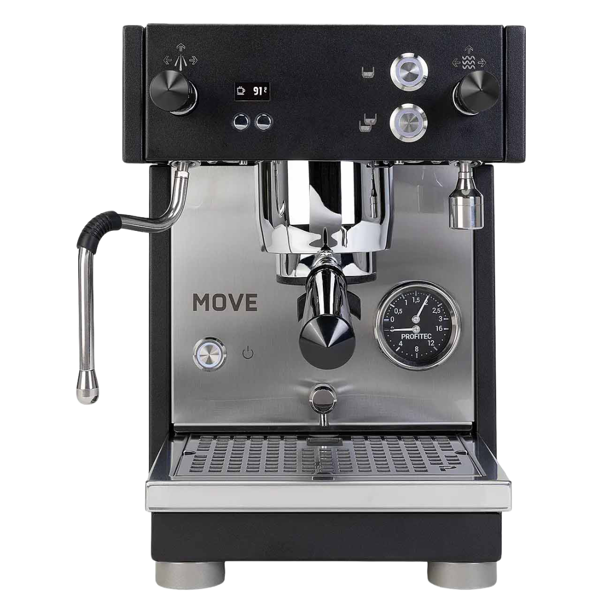 Profitec Move 2.0 schwarz Artikelbild. Die Maschine ist von vorne zu sehen.