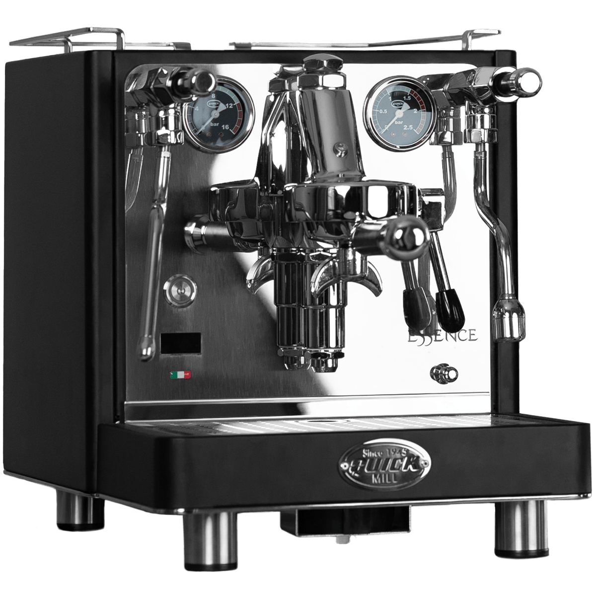 Quick Mill Essence schwarz Artikelbild. Die Maschine ist von vorne zu sehen.