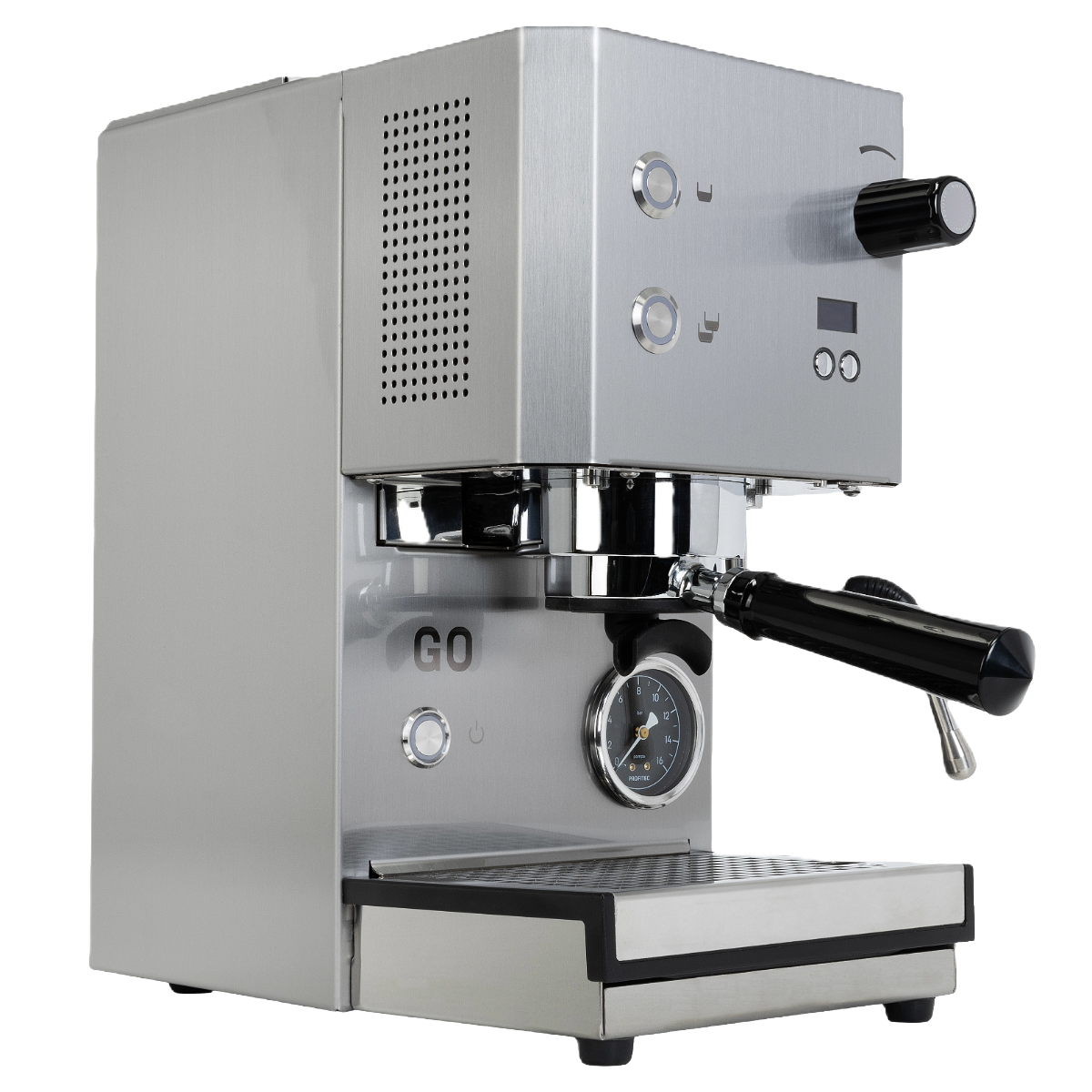 Detailansicht Profitec Go 2.0 inox satiniert mit Betonung auf die Benutzererfahrung.