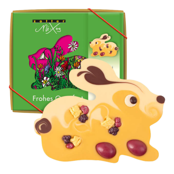 Zotter Mi Xing Marillen Hasi mit Himbeerei Artikelbild 1 Zotter Mi Xing Schokoladenhase mit Himbeerei