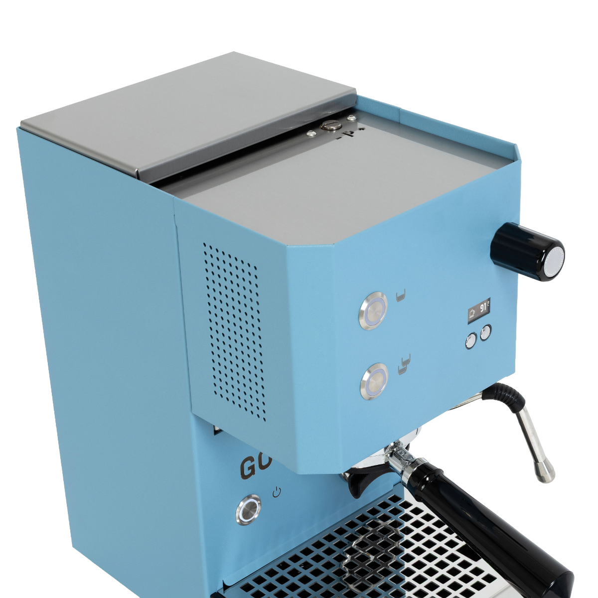 Detailansicht Profitec Go 2.0 blau mit Betonung auf die Benutzererfahrung.