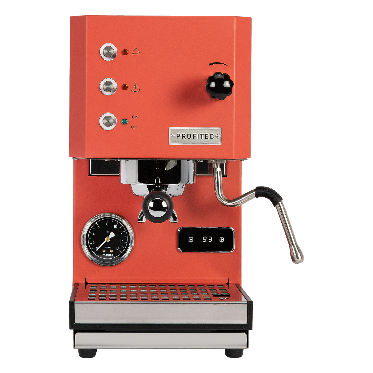 Profitec Go rot matt Artikelbild. Die Maschine ist von vorne zu sehen.